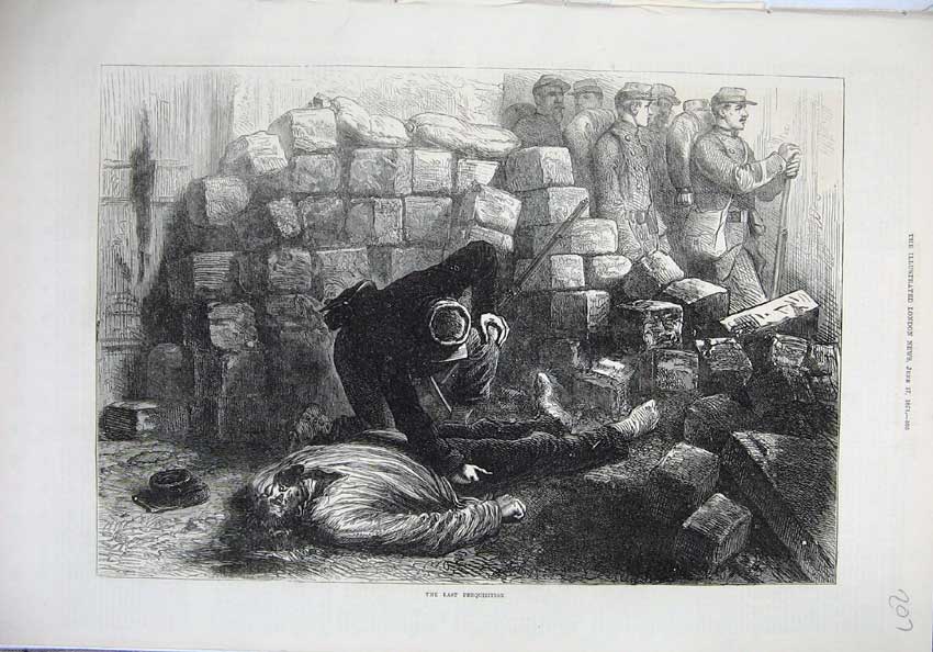 Original Old Antique Print 1871 Perquisition War Army Dead Man Rifle Fine Art