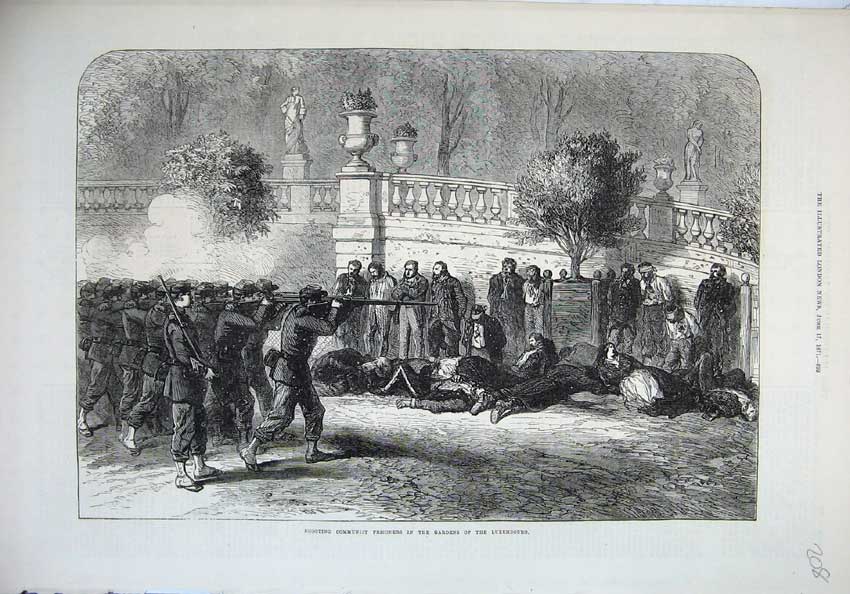 Original Old Antique Print Shooting Communist Prisoners Gardens Luxembourg 1871