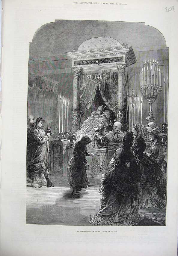 Old Antique Print 1871 Archbishop Paris Lying State France Dead Body Art 19th