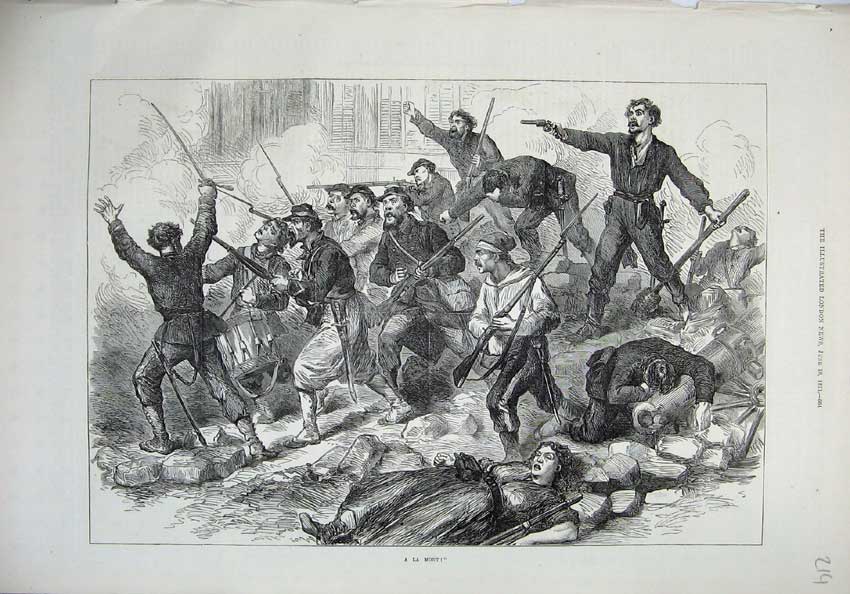 Original Old Antique Print 1871 A La Mort War Siers Army Wounded Rifle Shooting