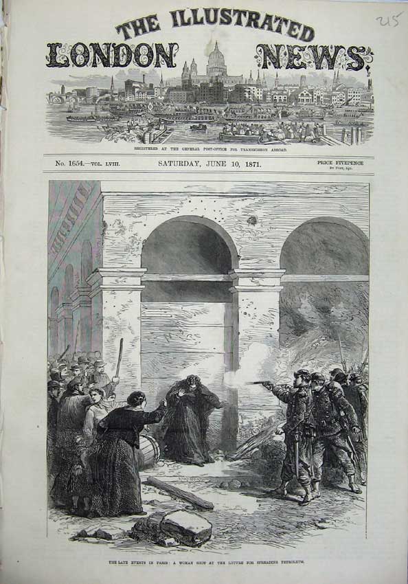 Original Old Antique Print 1871 Paris France Woman Shot Louvre War Army Rifles