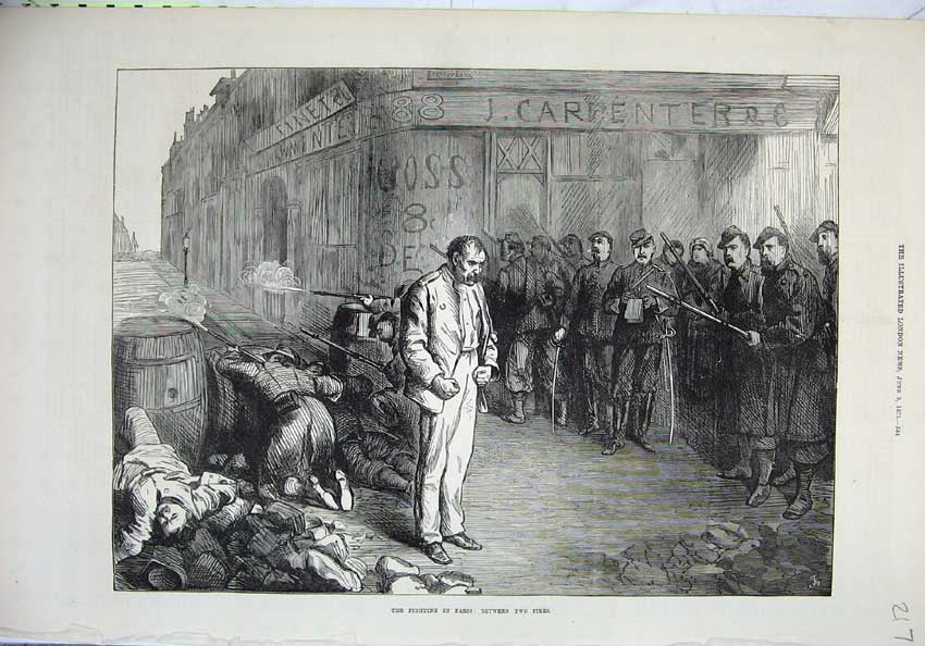 Old Antique Print Fighting Paris France 1871 War Army Shooting Men Street 19th