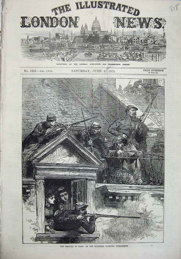 Original Old Antique Print 1871 Fighting Paris France Faubourg Poissonniere War