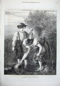 Original Old Antique Print 1871 Young Boy Girl Children Playing Pond Dobson Art