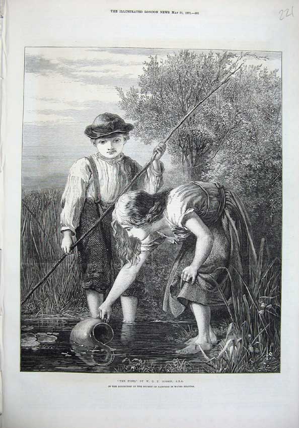 Original Old Antique Print 1871 Young Boy Girl Children Playing Pond Dobson Art