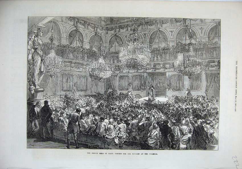 Old Antique Print 1871 French Seige Paris Concert Wounded Tuileries War 19th