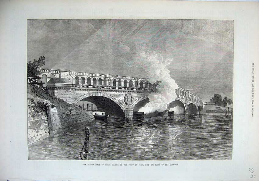 Old Antique Print 1871 France Paris Bridge Point Du Jour Gun-Boat Commune 19th