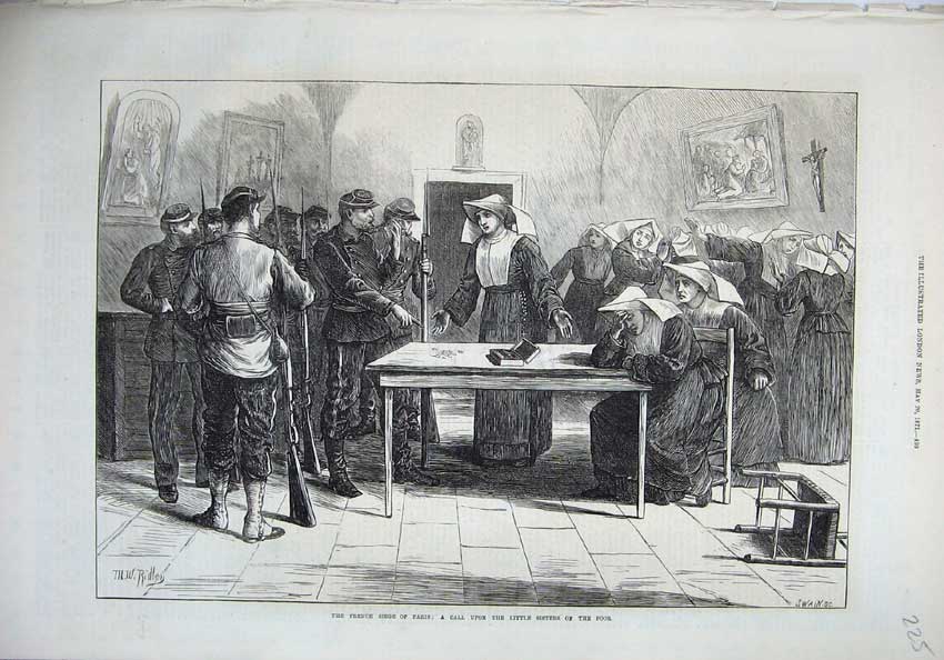Original Old Antique Print French Seige Paris 1871 Nuns Army Siers War Ridley