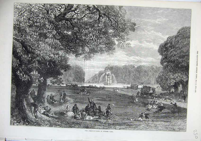 Old Antique Print 1871 Fine Art Chestnut Trees Bushey Park Fountain Lake 19th