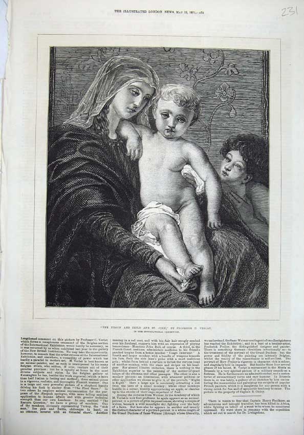 Original Old Antique Print 1871 Virgin Child St John Professor Verlat Fine Art