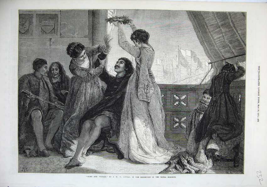 Original Old Antique Print 1871 Home Victory Women Men Romance Fine Art Topham