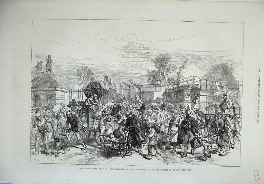 Original Old Antique Print 1871 French Seige Paris Armistice Neuilly France War