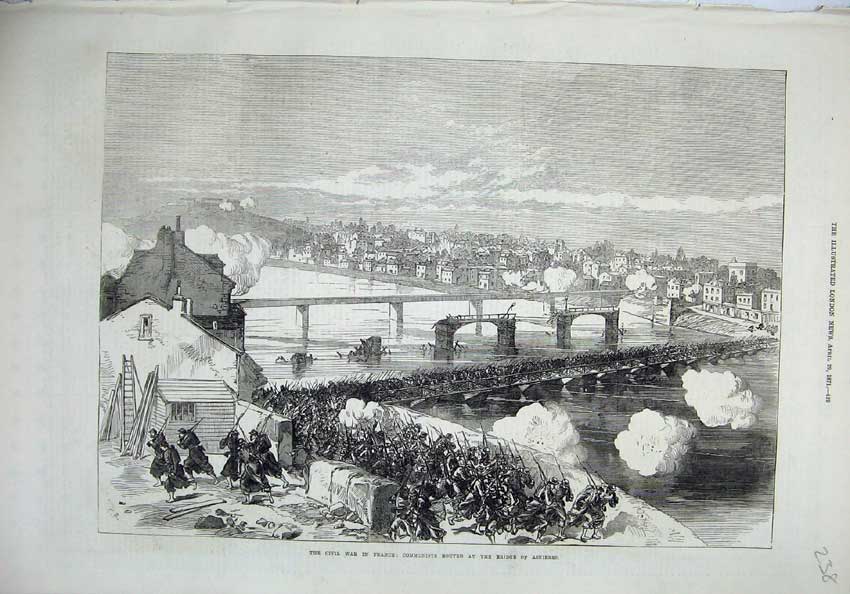 Old Antique Print 1871 Civil War France Communists Bridge Asnieres River 19th