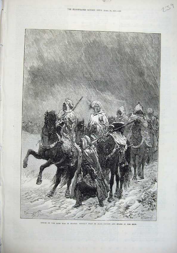 Original Old Antique Print 1871 War France Le Mans-Ghoums Spahis Snow Horses