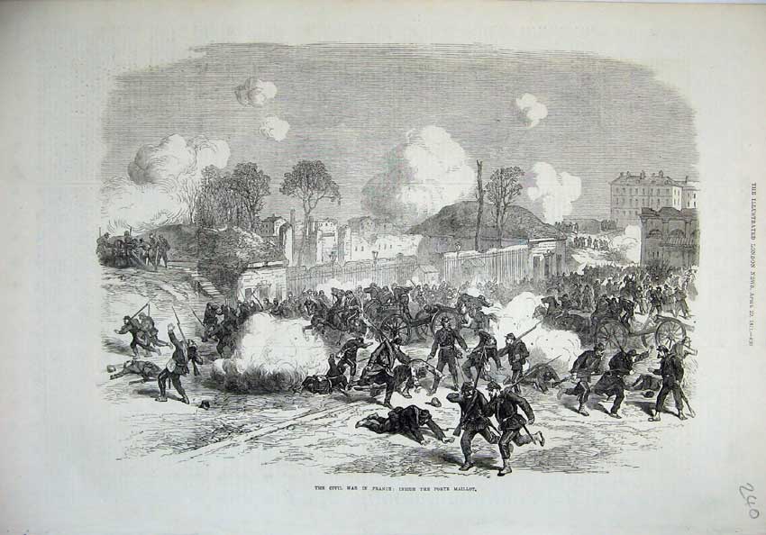 Original Old Antique Print 1871 Civil War France Porte Maillot Battle Shooting