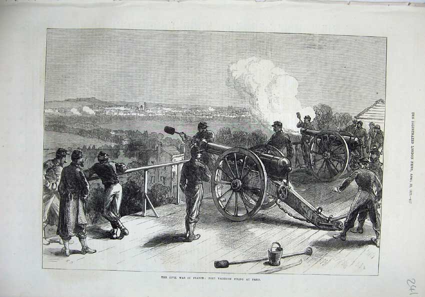 Old Antique Print 1871 Civil War France Fort Valerien Paris Cannon Guns 19th