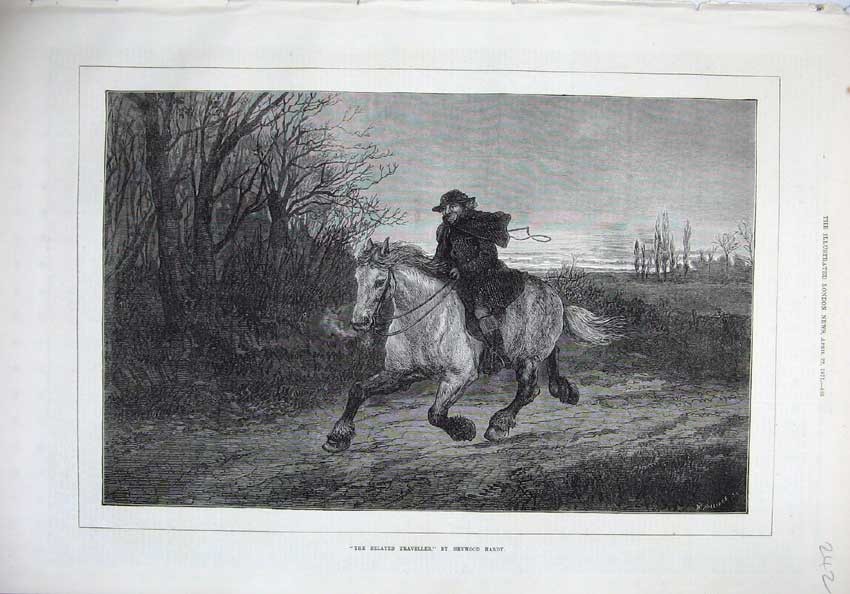 Original Old Antique Print 1871 Fine Art Belated Traveller Man Riding Horse