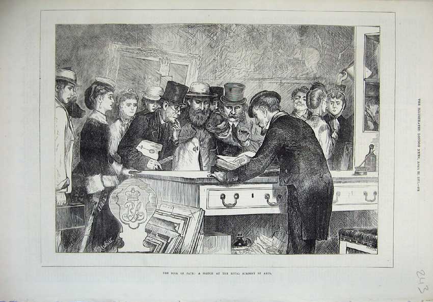 Original Old Antique Print Royal Academy Arts 1871 Men Women Looking Books 19th