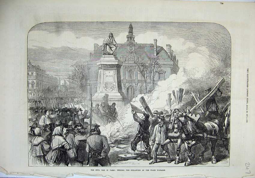 Old Antique Print 1871 Civil War Paris France Burning Guillotine Voltaire 19th