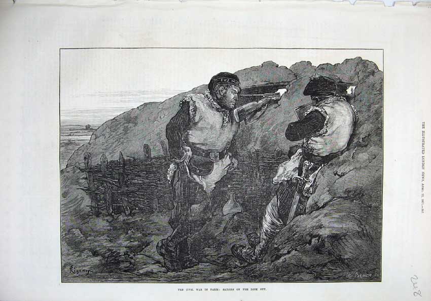 Old Antique Print Fine Art 1871 Civil War Paris France Sailors Look Out 19th