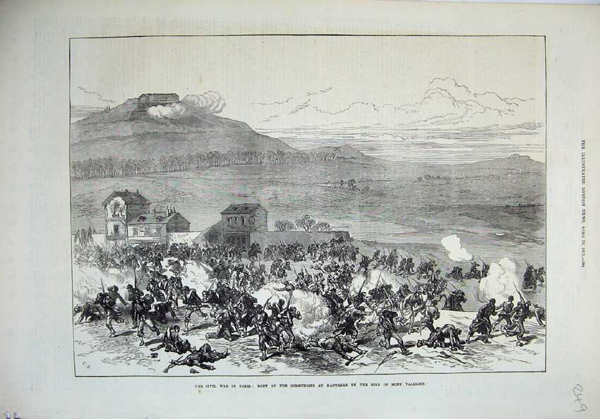 Old Antique Print 1871 Civil War Paris Rout Communists Nanterre Valerien 19th