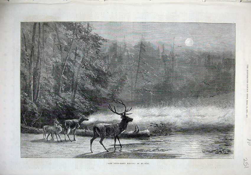 Original Old Antique Print 1871 Deer Stag Fawn Moonlight Lake Trees Fine Art