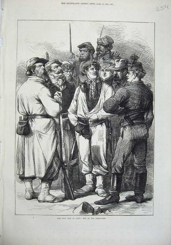 Original Old Antique Print 1871 Civil War Paris France Men Barricades Army 19th
