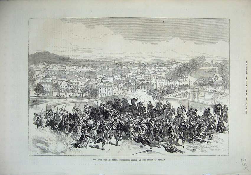 Original Old Antique Print 1871 Civil War Paris Communists Bridge Neuilly Army