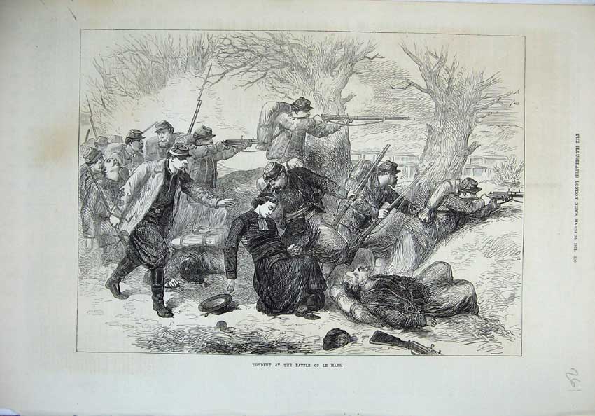 Original Old Antique Print 1871 Battle Le Mans France Men Shooting Lady Wounded