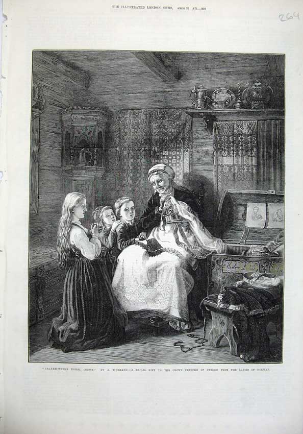 Old Antique Print Fine Art 1871 Grandmothers Bridal Crown Norway Princess 19th