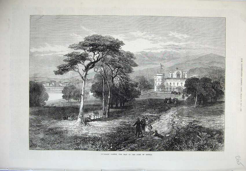 Old Antique Print 1871 Inverary Castle Duke Argyll Deer Scotland Fine Art 19th