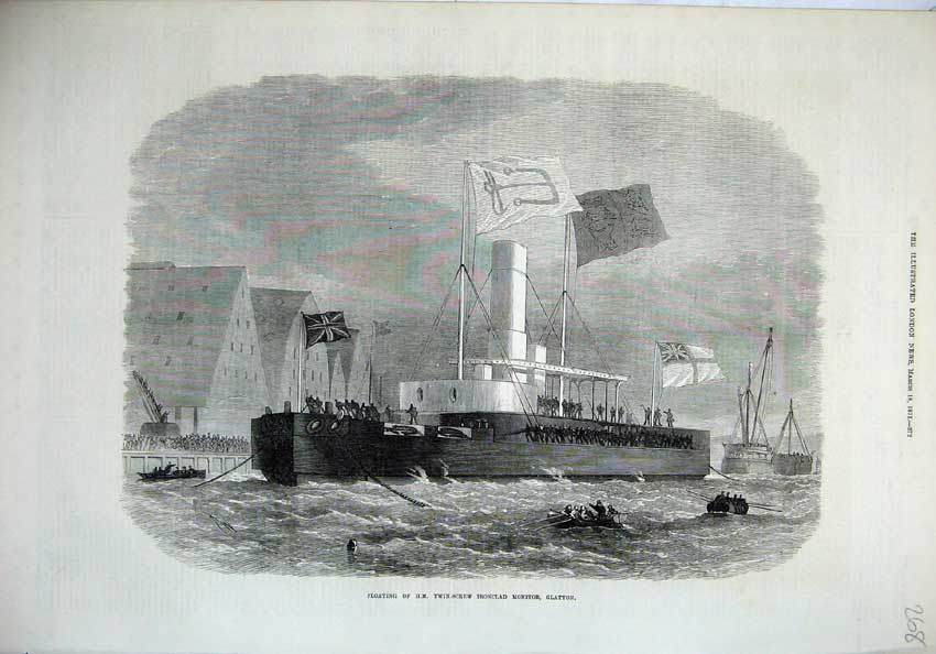 Old Antique Print 1871 Floating Ship Twin-Screw Ironclad Monitor Glatton 19th