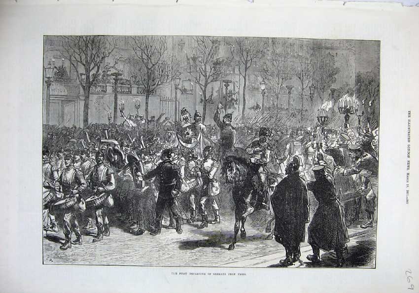 Original Old Antique Print 1871 Departure Germans Paris France Army War Horses