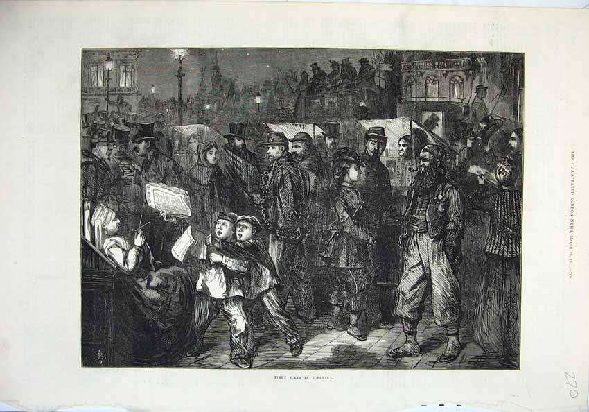 Original Old Antique Print 1871 Fine Art Night Scene Bordeaux France Army 19th