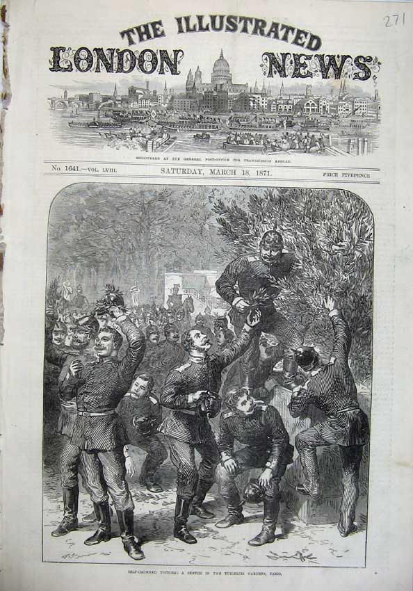 Original Old Antique Print Tuileries Gardens Paris France 1871 War Army Victors