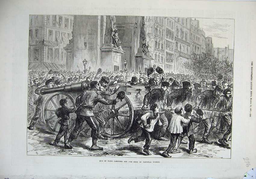Original Old Antique Print 1871 Mob Paris Cannon Gun National Guard War France