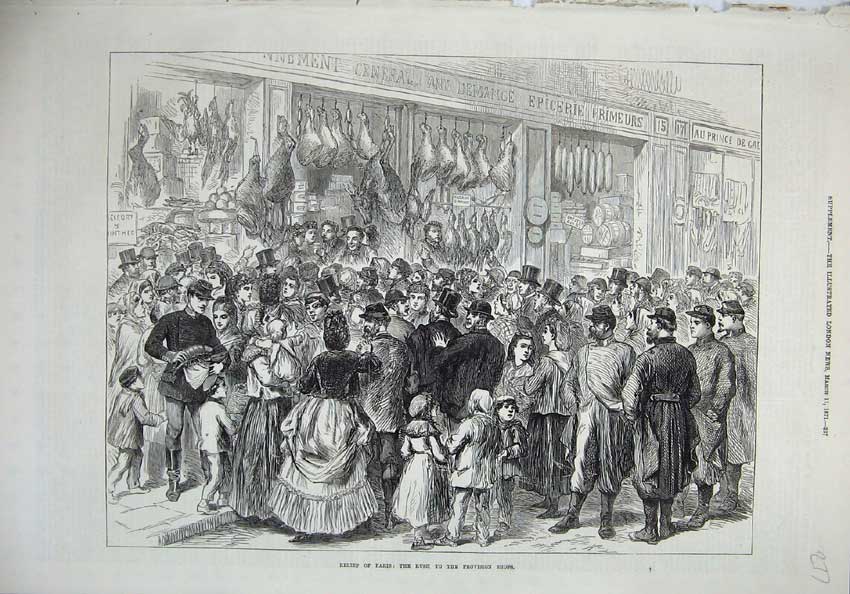 Original Old Antique Print 1871 Relief Paris Provision Shops People France War