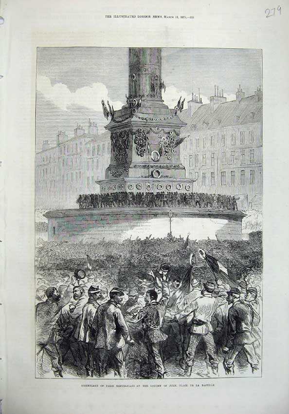 Old Antique Print 1871 Paris Republicans Column Place Bastille France War 19th