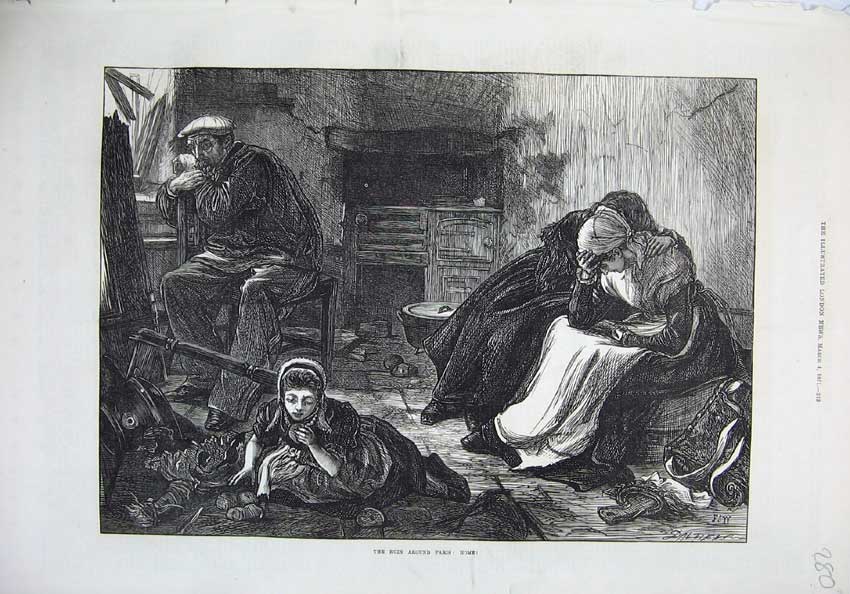 Original Old Antique Print 1871 Fine Art Paris France Family Home Ruins 19th