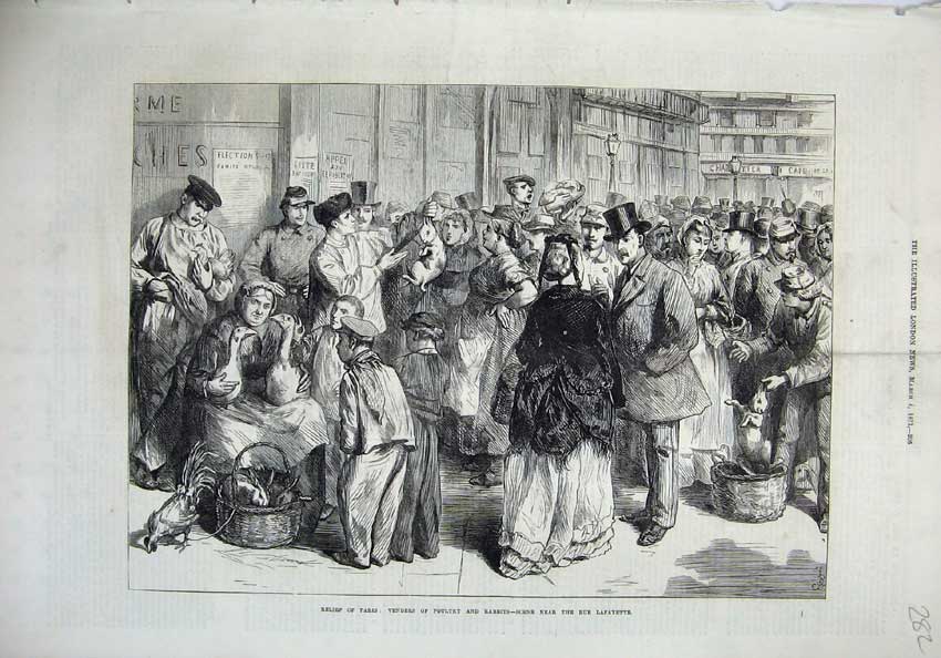 Old Antique Print 1871 Paris France Venders Poultry Rabbits Lafayette Rue 19th