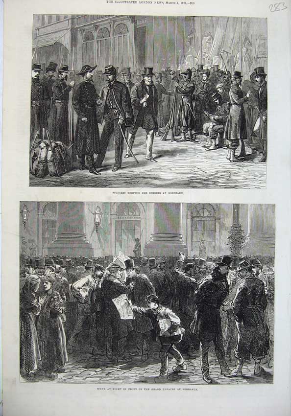 Original Old Antique Print 1871 France Siers Streets Bordeaux Grand Theatre War