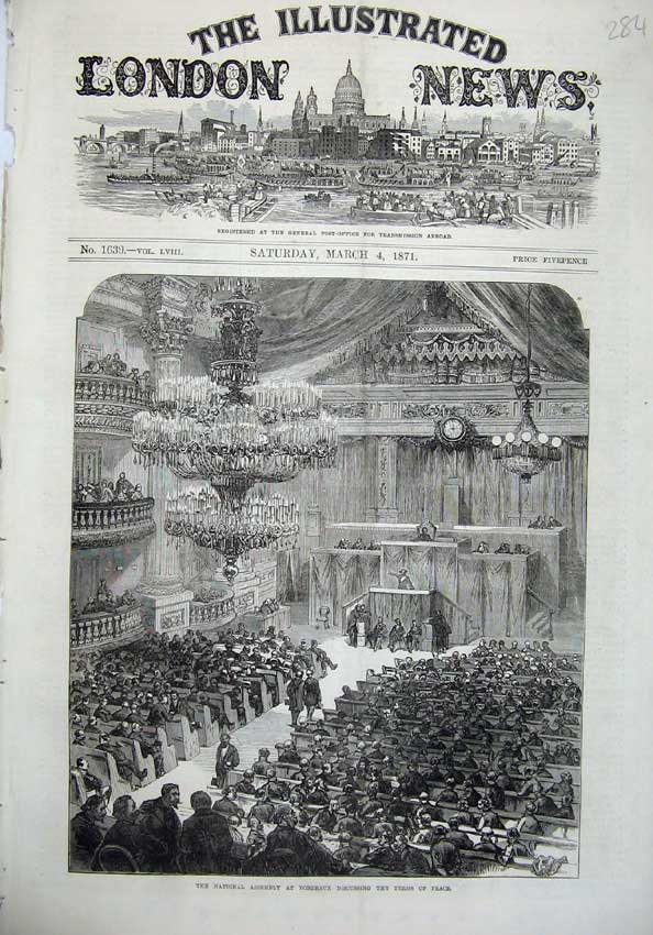 Original Old Antique Print 1871 National Assembly Bordeaux Terms Peace Building