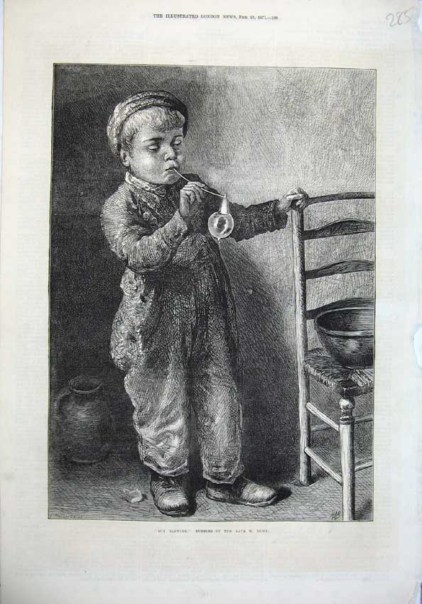 Original Old Antique Print 1871 Little Boy Blowing Bubbles Hunt 19th