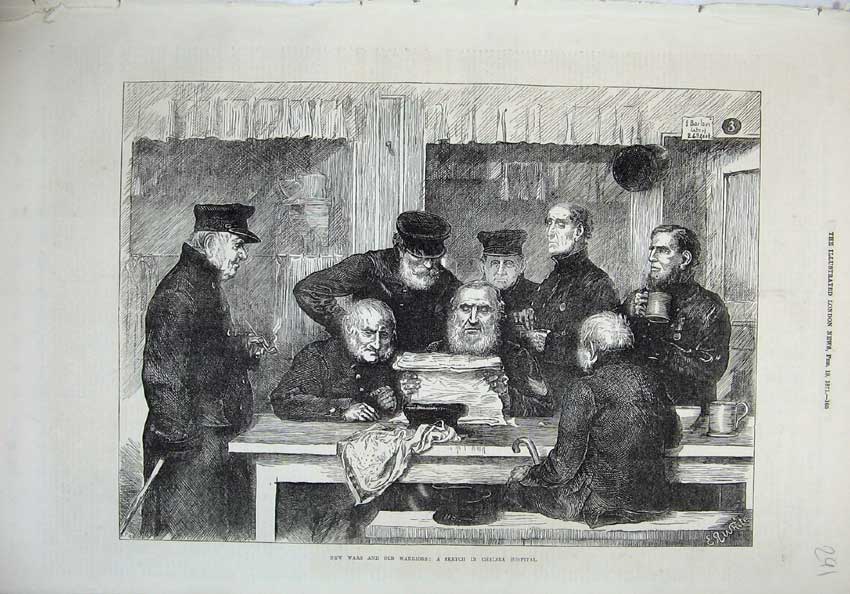 Original Old Antique Print 1871 Chelsea Hospital New Wars Warriors War Army