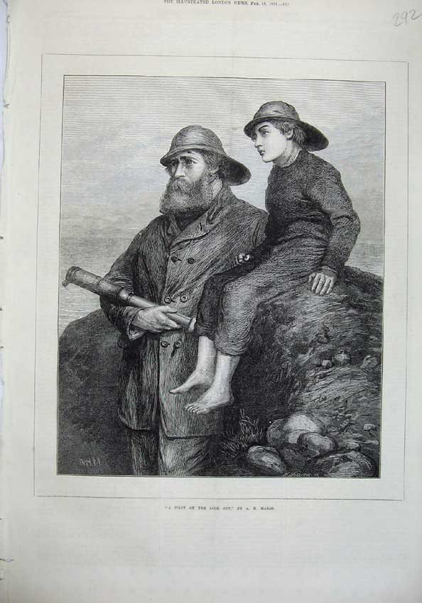 Original Old Antique Print 1871 Fine Art Man Telescope Young Boy Sea Victorian