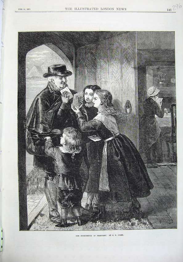 Old Antique Print Fine Art 1871 Valentines Day Postman Letters Children 19th