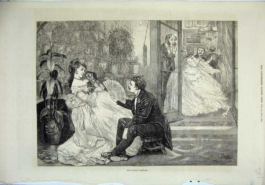 Original Old Antique Print 1871 Man Woman Romance Dancing Fan Flowers Victorian
