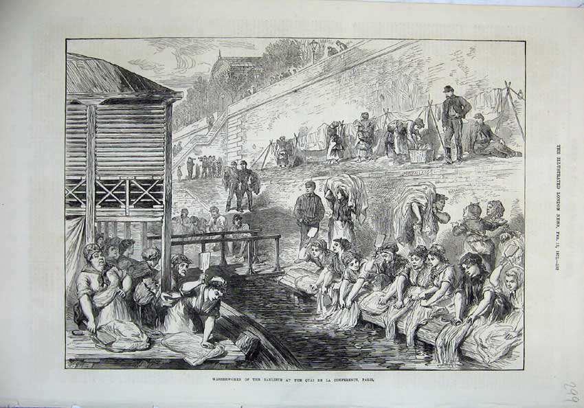 Old Antique Print 1871 Washerwomen Banlieue Quai Conference Paris France 19th