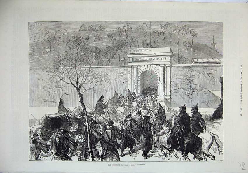 Original Old Antique Print Germans Entering Mont Valerien 1871 War Army Horses