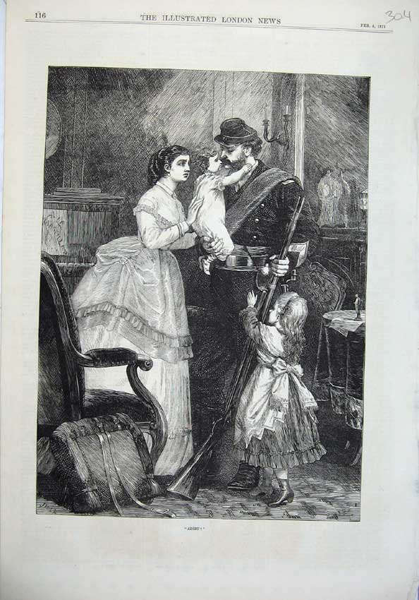 Original Old Antique Print 1871 Fine Art Sier Father War Family House Children